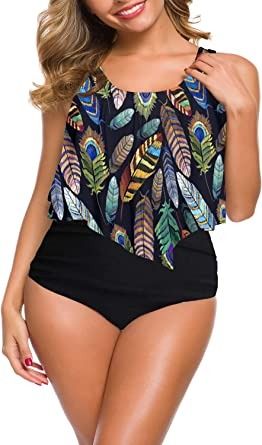 Photo 1 of  Swimsuits for Women Two Piece Bathing Suits Ruffled Flounce Top with High Waisted Bottom Bikini Set SIZE S
