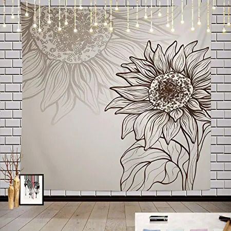 Photo 1 of Batmerry Sunflower Flower Tapestry, Black and White Sunflower Sketch Design Picnic Mat Hippie Trippy Tapestry Wall Art Meditation Decor for Bedroom Living Room, 59.1 x 59.1 Inches, Black Brown White