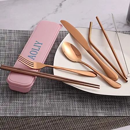 Photo 1 of AOLIY Travel Utensils, Reusable Portable Silverware Set Camping Cutlery Set Including  Knife Fork Spoons Straws Chopsticks Cleaning Brush ROSE GOLD