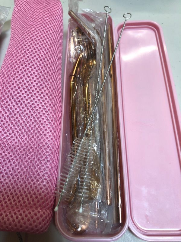 Photo 2 of AOLIY Travel Utensils, Reusable Portable Silverware Set Camping Cutlery Set Including  Knife Fork Spoons Straws Chopsticks Cleaning Brush ROSE GOLD