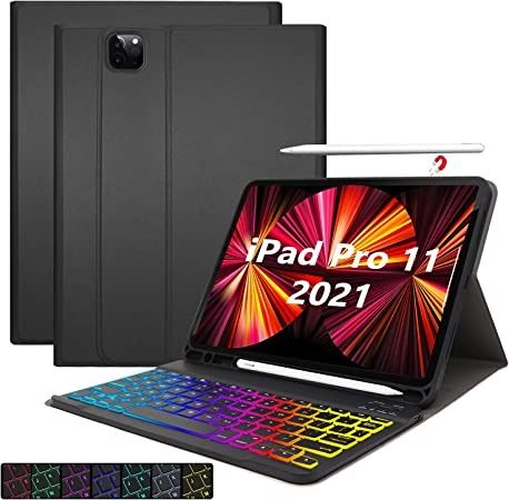 Photo 1 of QHOHQ New iPad Backlit-Keyboard Case for iPad Pro 11 Inch 2021 (3rd Gen), Detachable Keyboard - Backlit 7 Color - Wireless/BT - IPad Smart Case with Advanced Leather - Black