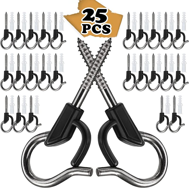 Photo 1 of 25 PCS Ceiling Hooks for Outdoor String Lights, Screw Hooks for Hanging Plants, Eye Hooks with Safety Buckle Design, Heavy Duty Light Hooks for Hangering Christmas Patio Lights
