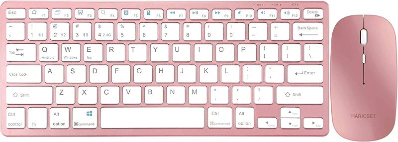 Photo 1 of Multi-Device Bluetooth Keyboard Combo, Haricset Portable Mini Dual Mode (BT+2.4G) Rechargeable Wireless Keyboard and Mouse, Ergonomic Ultra-Slim for Windows, Mac, iOS, Android (Rose Gold)
