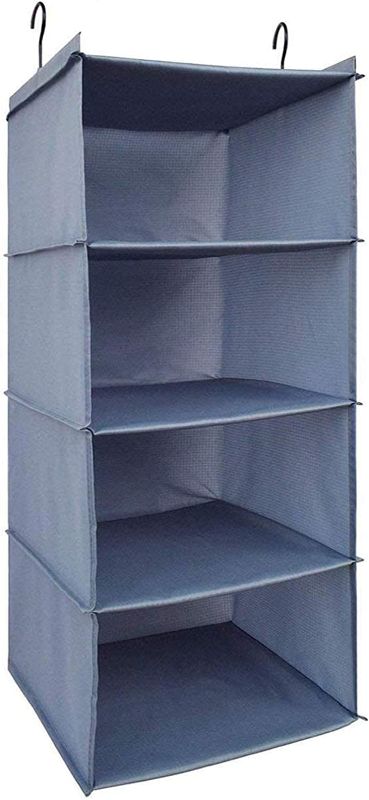 Photo 1 of Aibrisk Hanging Closet Organizer 4 Shelves Foldable Oxford Cloth Gray Hanging Shelf with 2 Hooks for Clothes Storage and Accessories