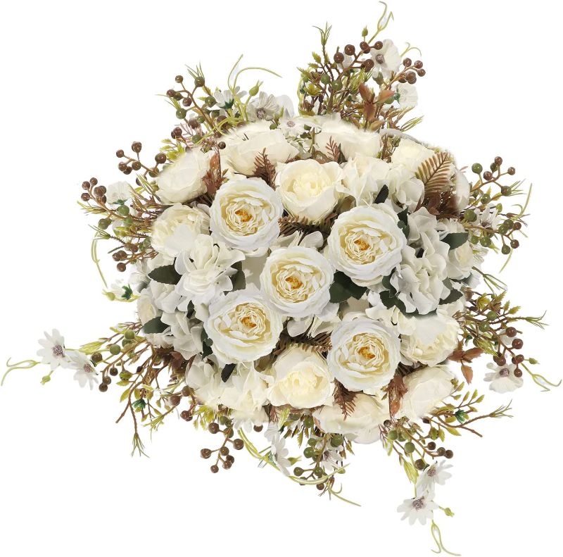 Photo 1 of 4 Pack Artificial Flowers with Stems Peony Hydrangea Plastic Flower Arrangements, Fake Faux Flowers for Indoor Decoration, White
