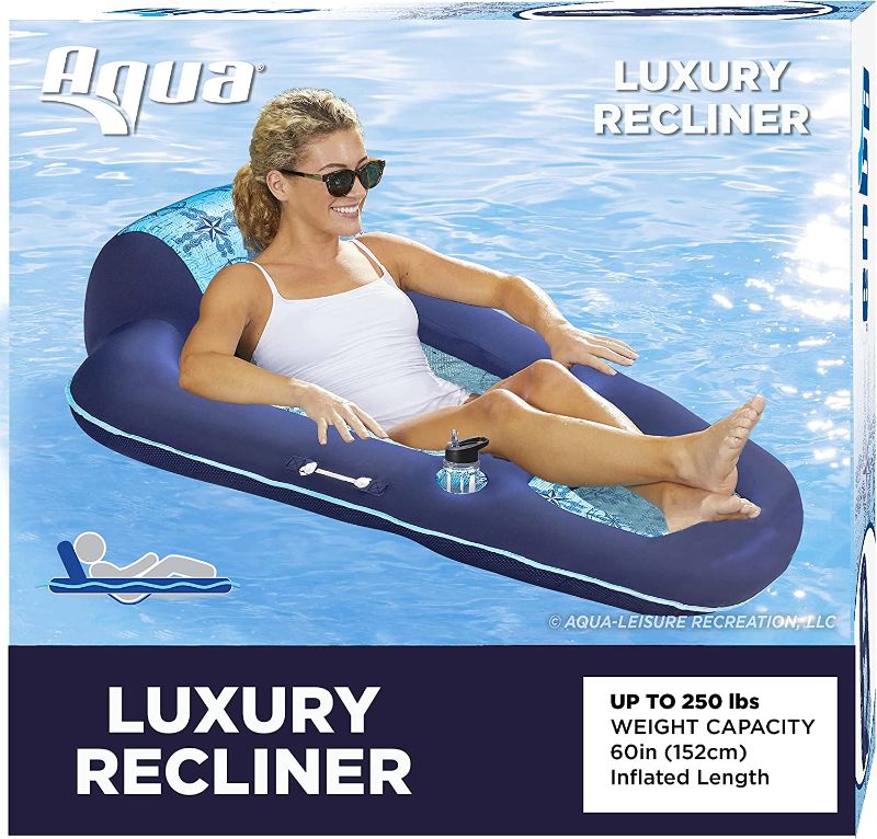 Photo 1 of Aqua Luxury Water Lounge – Extra Large – Inflatable Pool Float with Headrest, Backrest & Footrest – Navy/Light Blue

