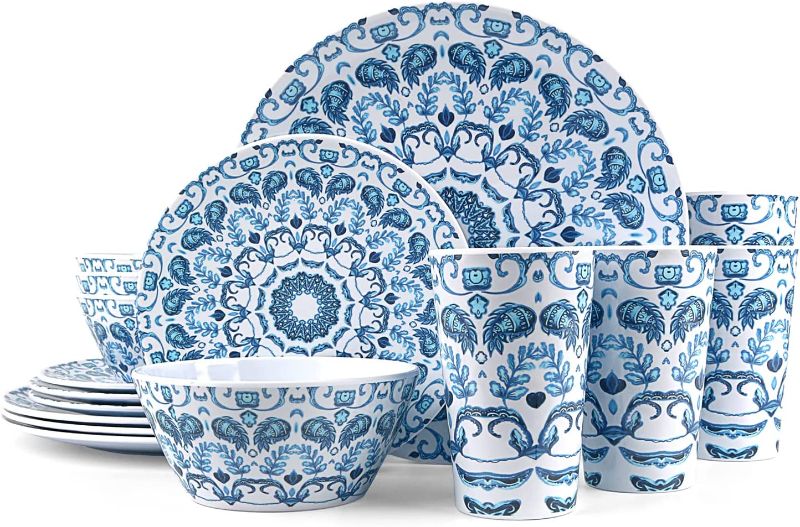 Photo 1 of Aclema Melamine Dinnerware Set 16 Pcs Plates Bowls Cups Unbreakable for Kitchen Dinner Outdoor Indoor Service for 4 Blue and White Porcelain
