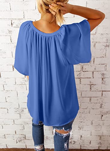 Photo 2 of Dokotoo Womens Chiffon Blouses Casual Solid Bell Sleeve Shirt Loose V Neck Pleated Tunic Tops, SIZE : L

