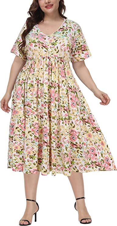 Photo 1 of Gboomo Womens Plus Size Dresses 2022 Short Sleeve V Neck Floral Empire Waist Dress Causal Flowy Midi Dresses, SIZE : 4X
