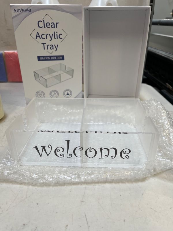 Photo 1 of Acrylic Clear Napkin Holder,Guest Towel Holder 3-in-1 Movable Design for Bathroom Cocktail,Guest Towel Basket and Guest Towel Napkin Holder Dispenser Tray for bathroom ,Rectangle 9"x 5.5"
