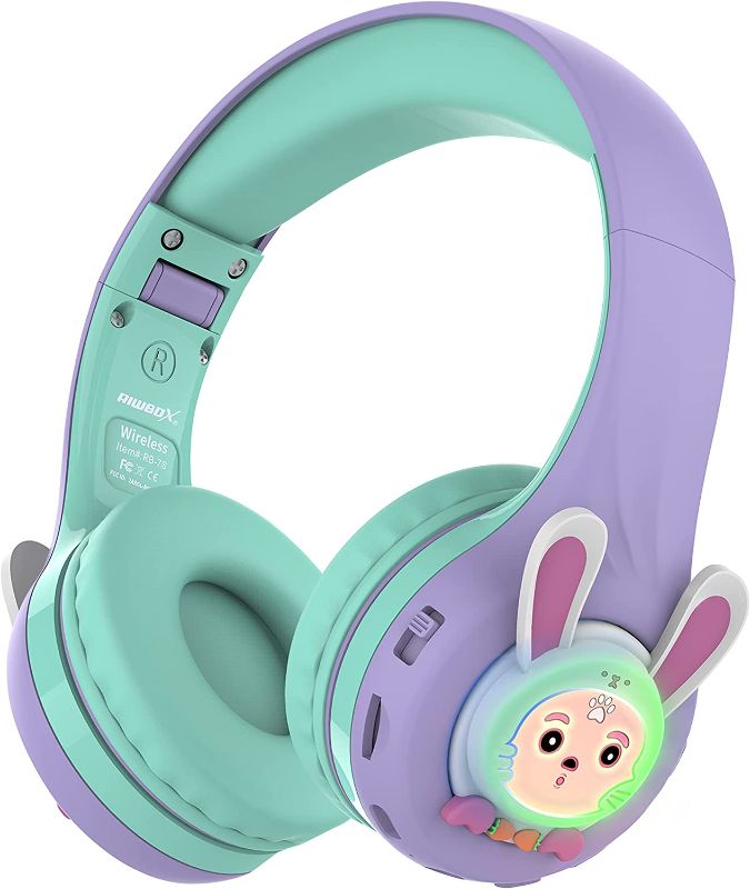 Photo 1 of Riwbox RB-7S Rabbit Kids Headphones Wireless, LED Light Up Bluetooth Over Ear Headset Volume Limited Safe 75dB/85dB/95dB with Mic and TF-Card, Children Headphones for Girls Boys (Purple&Green)
