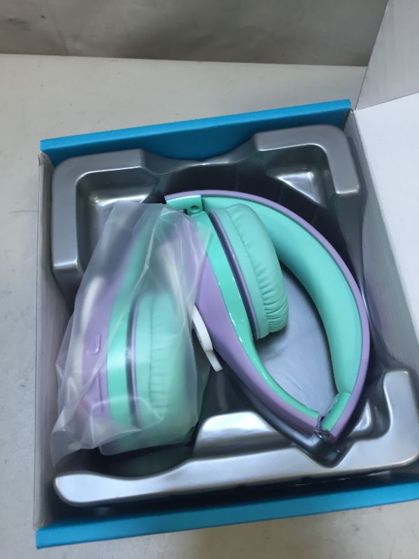 Photo 3 of Riwbox RB-7S Rabbit Kids Headphones Wireless, LED Light Up Bluetooth Over Ear Headset Volume Limited Safe 75dB/85dB/95dB with Mic and TF-Card, Children Headphones for Girls Boys (Purple&Green)
