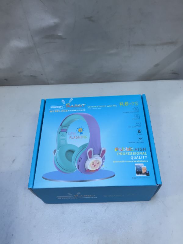 Photo 2 of Riwbox RB-7S Rabbit Kids Headphones Wireless, LED Light Up Bluetooth Over Ear Headset Volume Limited Safe 75dB/85dB/95dB with Mic and TF-Card, Children Headphones for Girls Boys (Purple&Green)
