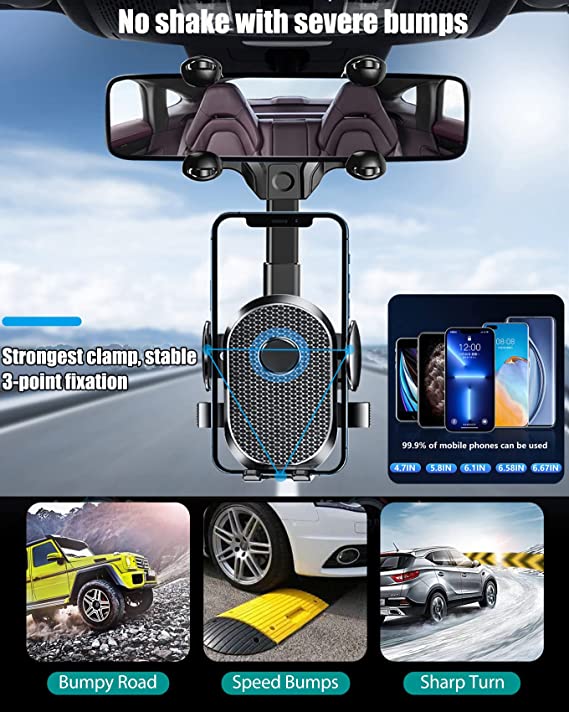 Photo 2 of 2022 Rearview Mirror Phone Holder for Car, 360° Rotatable and Retractable Car Phone Holder, Car Phone Mount, Multifunctional Rear View Mirror Phone Holder for All Mobile Phones and All Car
