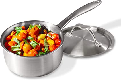 Photo 1 of Abbio Sauce Pan + Lid, 2-Quart Capacity, 7” Diameter, Stainless Steel, Fully Clad Cookware, Induction Ready Pot, Oven & Dishwasher Safe, PFOA Free, Non Toxic, Stay Cool Handle
