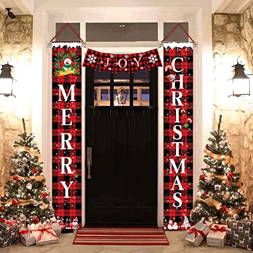 Photo 1 of Christmas Decorations for Home - Modern Farmhouse Decor - Merry Christmas Red Buffalo Plaid Porch Signs - Merry Christmas Banners for Indoor Outdoor Front Door Living Room Kitchen Wall Party
