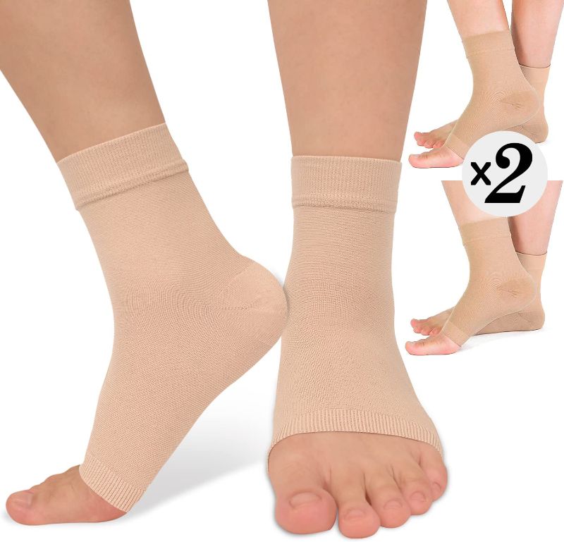 Photo 1 of 2 Pack Ankle Brace Compression Sleeve 8-15 mmHg Open Toe ?ompression Socks for Swelling,Plantar Fasciitis,Sprain,Nano Brace for Women Men Beige L/XL
