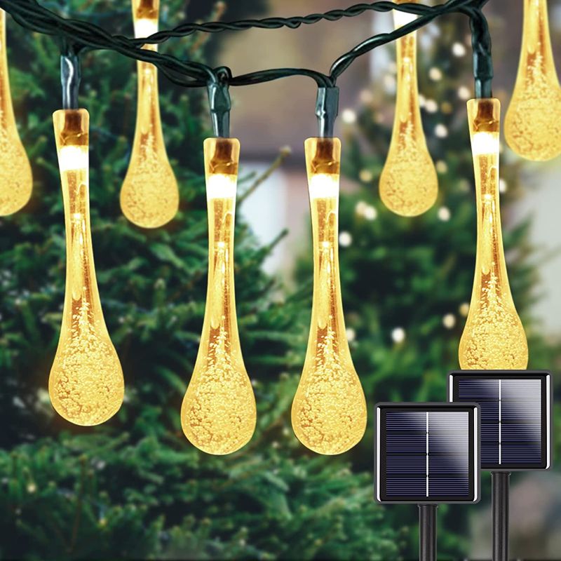 Photo 1 of 2-Pack 100 LED Solar Water Drop String Lights, Total 32FT Water Drop Icicle Fairy String Lights with 8 Modes, Outdoor Waterproof Teardrop Decor Lights for Christmas Garden Party Wedding (Warm White)

