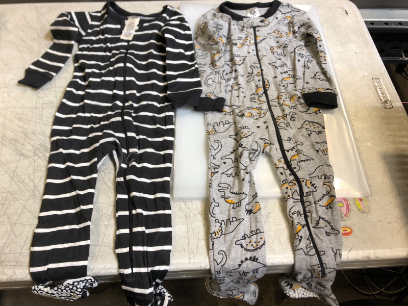 Photo 2 of Gerber Baby Boys' 2-Pack Footed Pajamas 12 Months Grey Dinos Black Stripe Grey