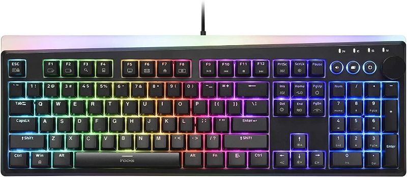 Photo 1 of i-rocks K71M RGB Mechanical Gaming Keyboard with Media Control Knob, Gateron Switches (Brown), 104 Keys w/Full NKRO, PBT Keycaps, Multimedia Hotkeys, Detachable USB-C Cable and Onboard Storage, Black
