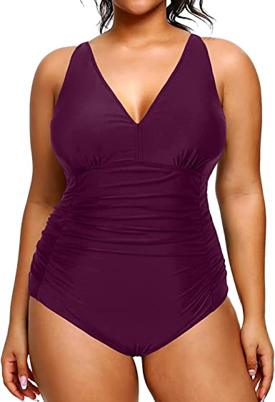 Photo 1 of Aqua Eve Women Plus Size One Piece Swimsuits V Neck Tummy Control Bathing Suits Retro Ruched Swimwear 14
