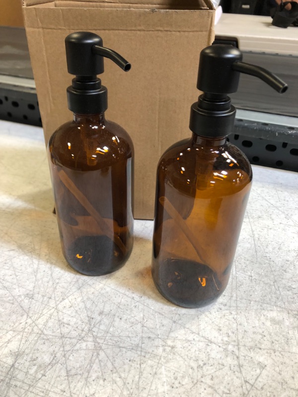 Photo 2 of 2 Pack Thick Amber Glass Pint Jar Soap Dispenser with Matte Black Stainless Steel Pump, 16ounce Boston Round Bottles Dispenser with Rustproof Pump for Essential Oil, Lotion Soap