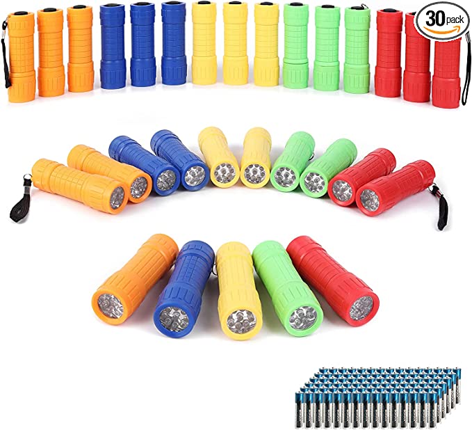 Photo 1 of 0-Pack Small Mini Flashlight Set, 5 Colors, 9-LED Handheld Flashlight with Lanyard,90-Pack AAA Battery Included for Kids/Night Reading/Party/Camping/Emergency/Hunting(30 Pack)