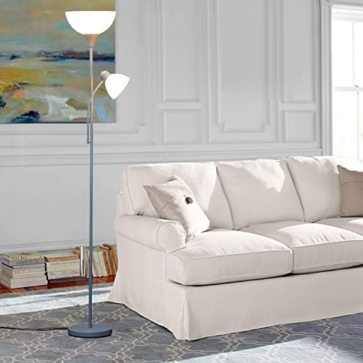 Photo 1 of 6FT LED Floor Lamp With Reading Light Silver Finish with White Shade 