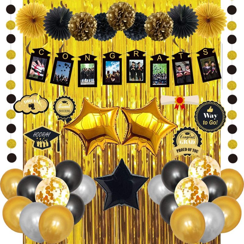 Photo 1 of 2022 Graduation Party Decorations 43pcs Set Black Gold Banner Balloon Paper Pompoms Hanging Swirls Foil Curtains for Adults Kids High School College Senior Grad Party Decoration Photo Frame Yard Sign