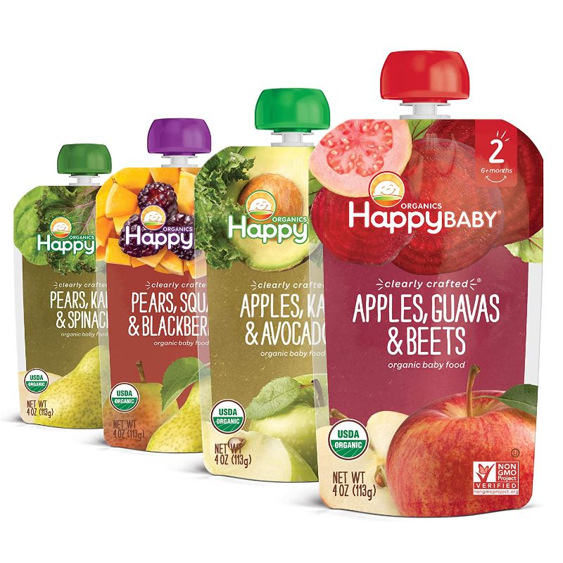 Photo 1 of Happy Baby Organics Clearly Crafted Stage 2 Baby Food Variety Pack, Pear Squash & Blackberries, Apple Kale & Avocado, Apple Guava & Beet, Pear Kale & Spinach, 4 Ounce Pouch (Pack of 10)
