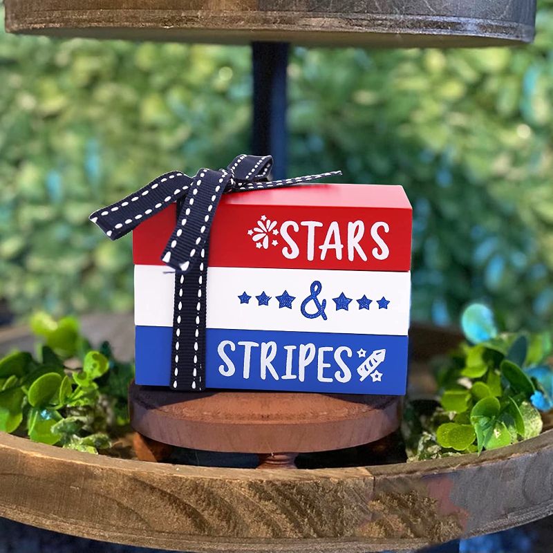 Photo 1 of 4th of July Mini Wood Book Stack 3' x 2.25' x2.5' Patriotic Americana Decor Memorial Day Decor Farmhouse Rustic Tiered Tray Decor for Home Kitchen Faux Book Stars & Stripes Veterans Day Decorations
