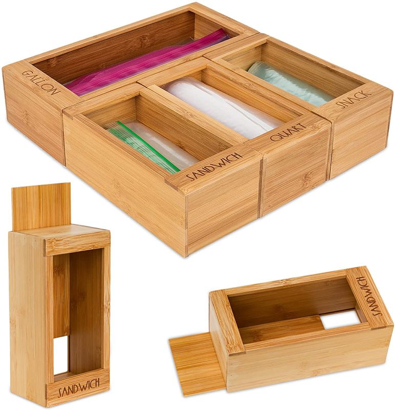 Photo 1 of Bamboo Ziplock Bag Storage Organizer and Dispenser for Kitchen Drawer With Removable Back, By Slimry Design Suitable for Gallon, Quart, Sandwich & Snack Variety Size Bag
