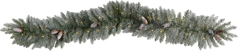 Photo 1 of 6ft. Frosted Artificial Christmas Garland with Pinecones and 50 Warm White LED Lights
