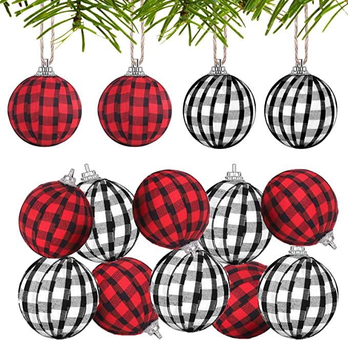 Photo 1 of Xueerde 12 Pieces Buffalo Plaid Fabric Ball Christmas Ball Ornaments Christmas Hanging Ornament for Xmas Tree Ornaments and Holiday Party Decoration( 2inch ) (White and Black+Red and Black)
