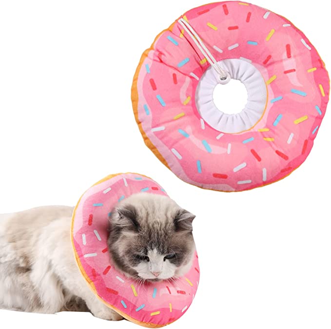 Photo 1 of Adjustable Cat Cone Collar Soft Cute Cartoon Donut Pet Recovery E Collar for Cats After Surgery Wound Healing Protective Pet Neck Cone Elizabethan Collars for Kitten and Small Dogs (Pink Donut)

