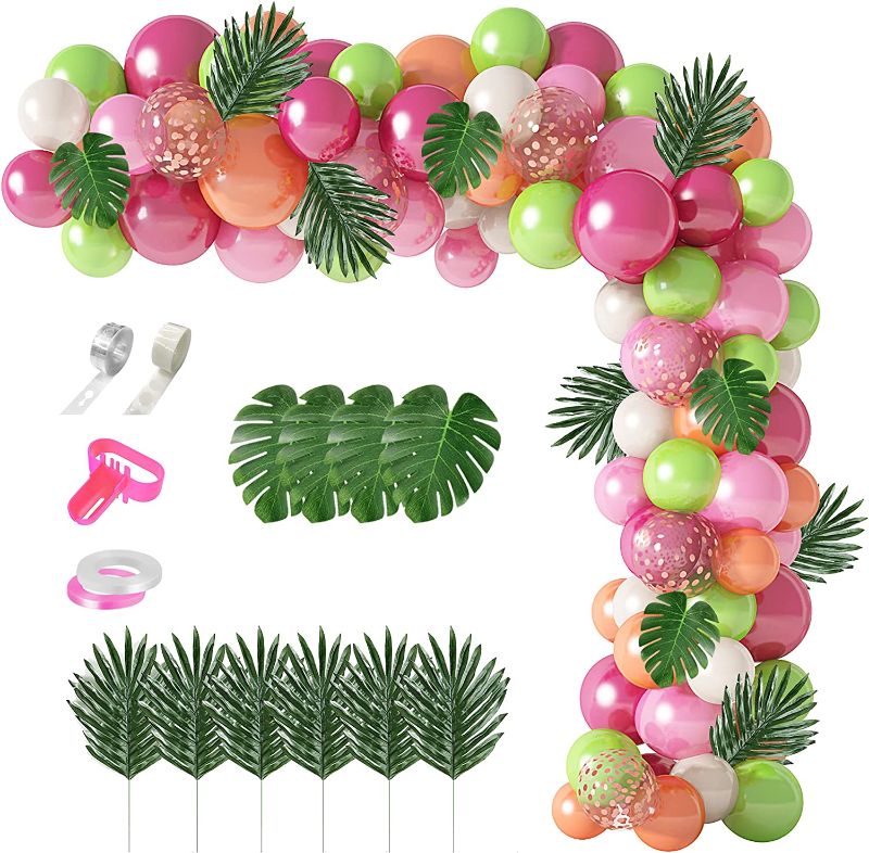 Photo 1 of 117Pcs Tropical Balloons Arch Garland Kit, Hot Pink Green Rose Gold Confetti Balloons Palm Leaves & 5Tools for Tropical Hawaii Aloha Luau Flamingo Theme Birthday Party Baby Shower Wedding Decorations