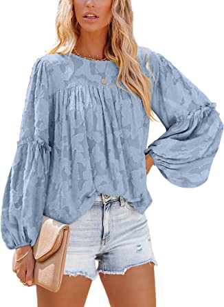 Photo 1 of Dokotoo Womens 3/4 Bell Sleeve Blouse Summer Crewneck Lace Tops Floral Textured Babydoll Shirts - UNKNWON SIZE -