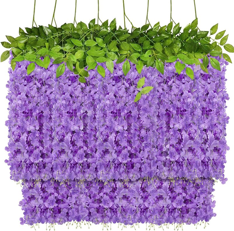 Photo 1 of Attmu 8 Pack Artificial Flowers Wisteria Hanging Flowers 3.6 Feet/Piece Vine Ratta String for Home Office Wedding Wall Garden Outdoor Party Decoration (Purple)