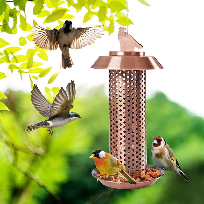 Photo 1 of Metal Bird Feeder, Wild Birds Feeder for Outside, Squirrel Proof Hanging Platform Large Tube Balcony Pet Bird Feeder kit Suit, 1.7-Pound Seed Capacity, Easy to Clean
