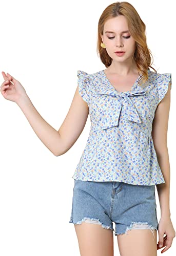 Photo 1 of Allegra K Women's Bow Tie Neck Summer Cute Babydoll Casual Floral Ruffled Sleeve Tops - L -