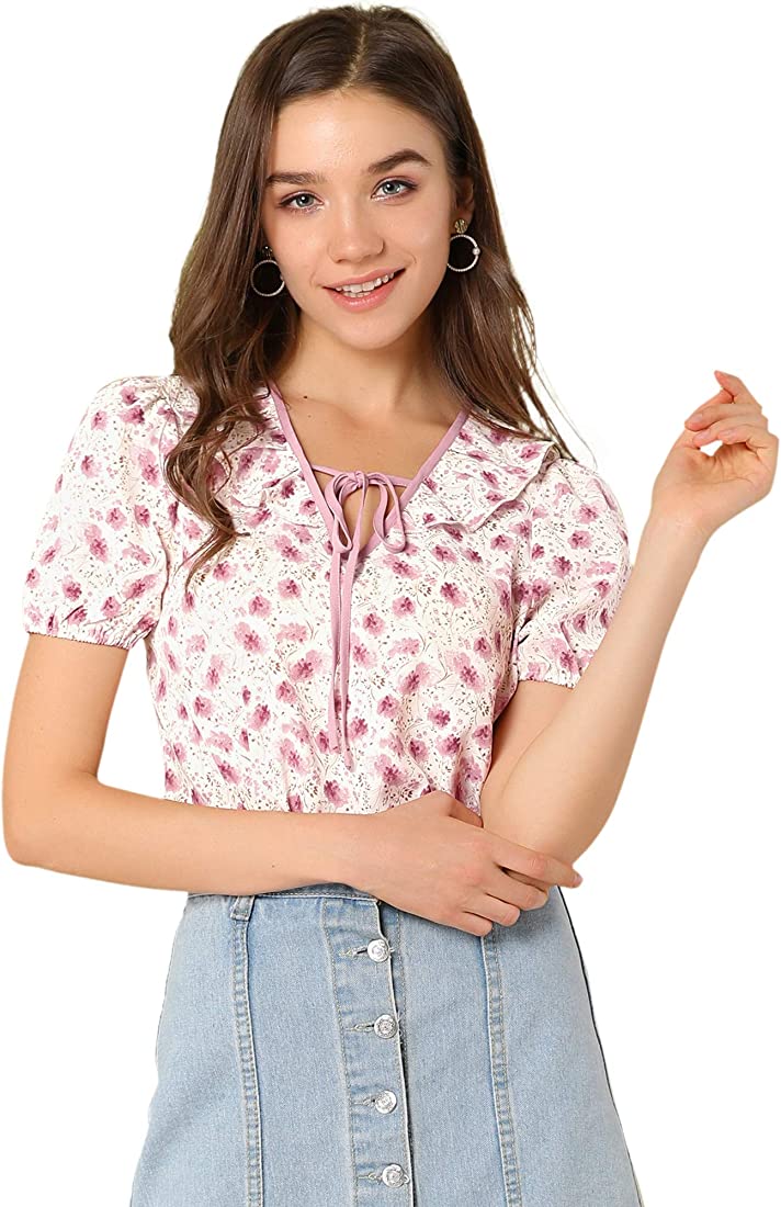 Photo 1 of Allegra K Women's Floral Ruffle Tie Neck Elastic Cuff Casual Blouse Top - M -