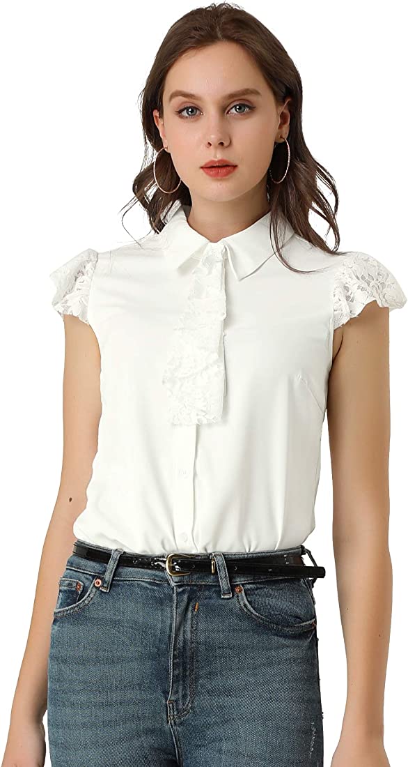 Photo 1 of Allegra K Women's Chiffon Blouse Lace Cap Sleeve Tie Neck Collar Shirt - S -