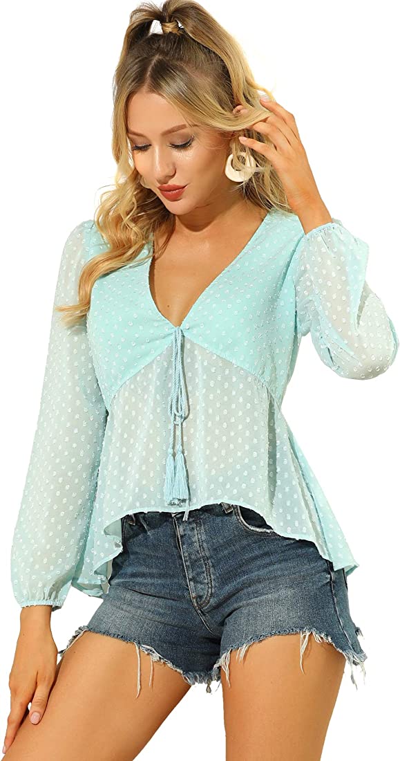 Photo 1 of Allegra K Women's Solid Tie Front Top Long Sleeve Boho Deep V Neck Ruffle Chiffon Blouse Shirt - L -