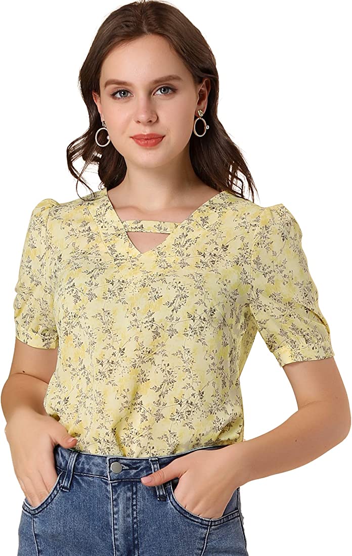 Photo 1 of Allegra K Women's Floral Printed Choker Neck Keyhole Short Sleeve Peasant Blouse -  M -