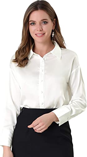 Photo 1 of Allegra K Women's Work Office Silky Blouse Long Sleeve Collared Button Down Satin Shirt - M -