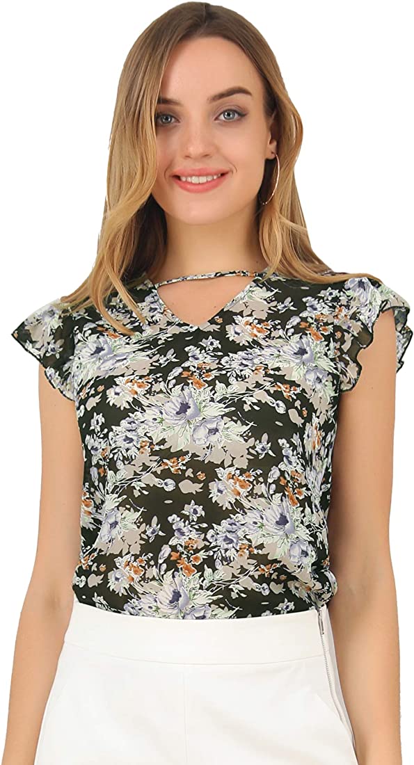 Photo 1 of Allegra K Women's Ruffled Sleeve Casual Choker Neck Cutout Chiffon Floral Blouse - L -