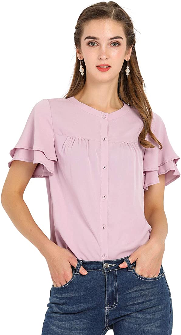 Photo 1 of Allegra K Women's Ruffle Button Front Blouses Chiffon Short Sleeve Summer Top Shirt - S -