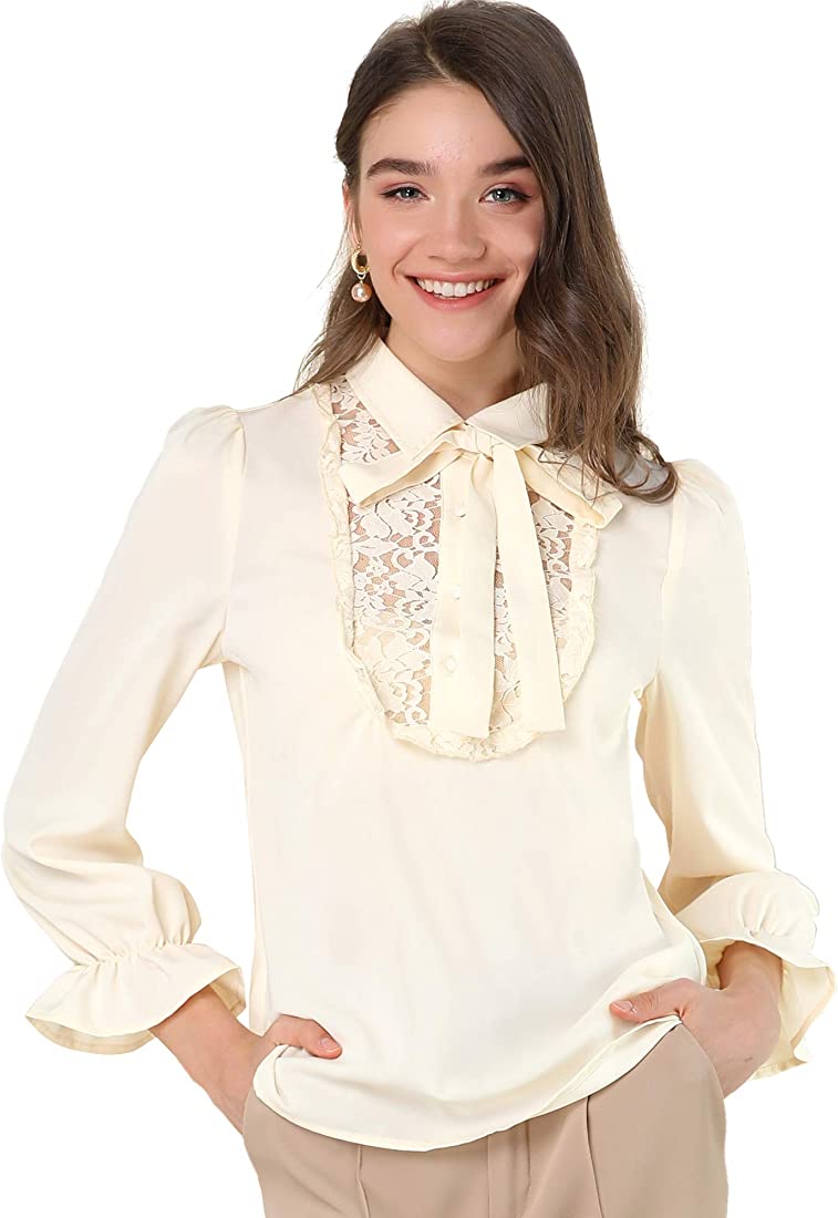 Photo 1 of Allegra K Women's Maxi Bow Long Sleeve Button Fornt Shirt Ruffle Tops Blouses - S - 