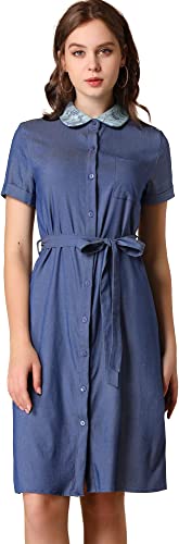 Photo 1 of Allegra K Women's Peter Pan Collar Shift Button-Down Bow Tie Waist Cotton Dress - XL -