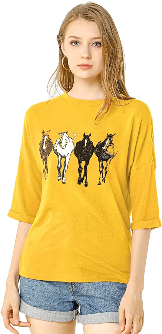 Photo 1 of Allegra K Women's Drop Shoulder 3/4 Sleeve Horse Print Round Neck Blouse Top - S -